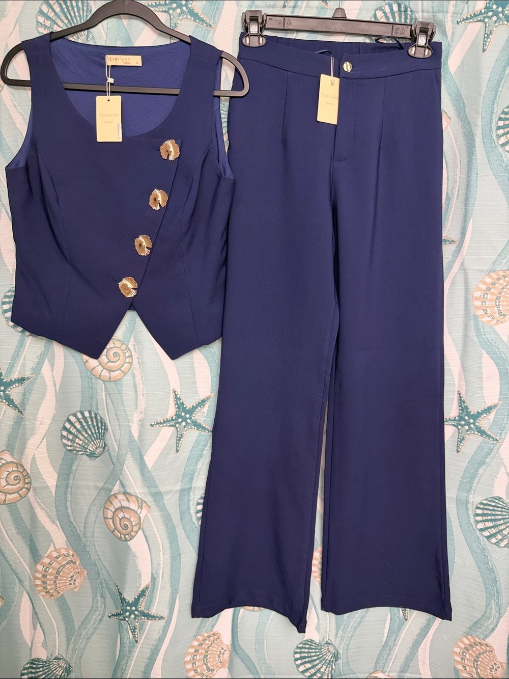 Tailored Navy Wide-Leg Women's Pants with Matching Vest